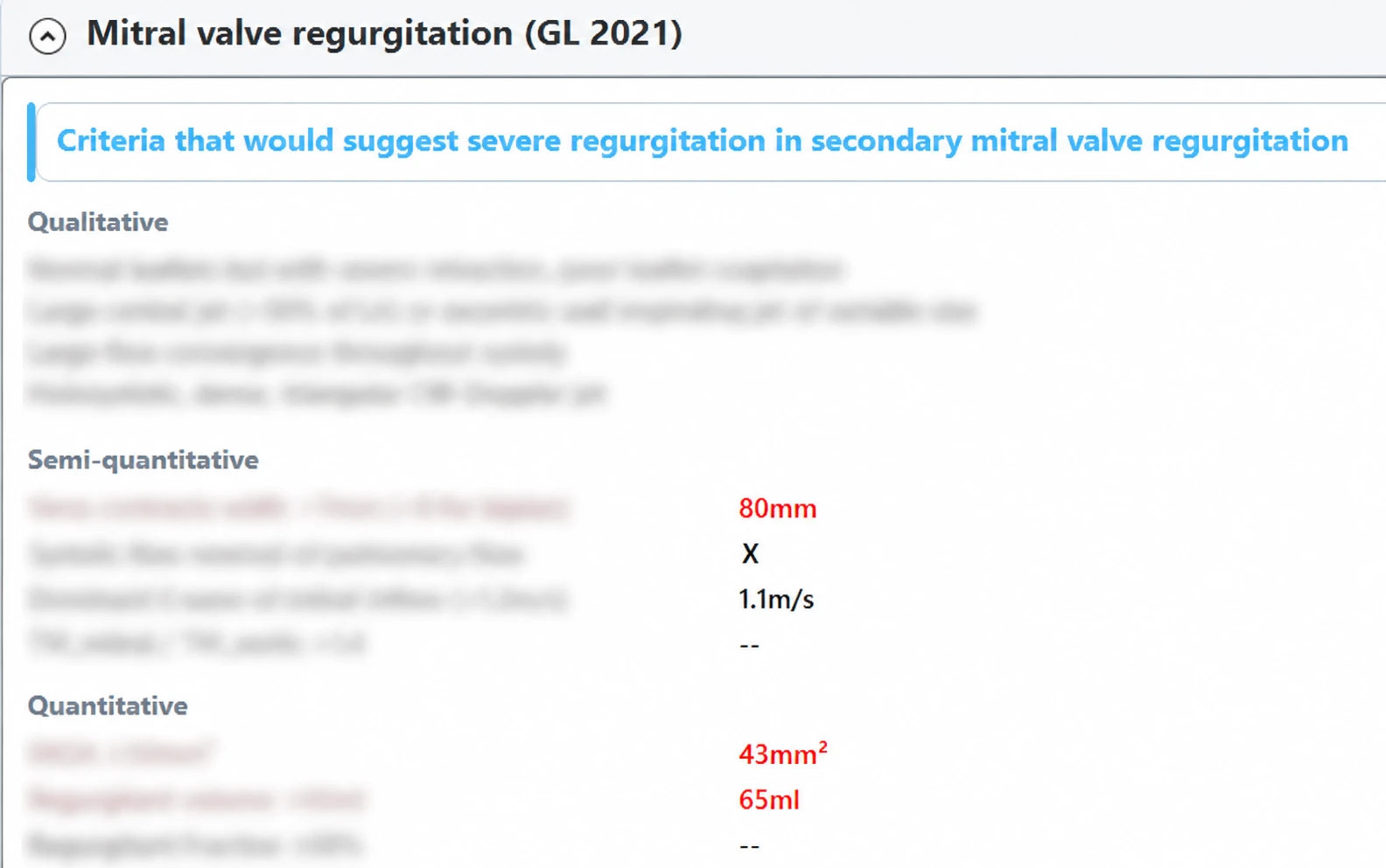Mitral valve regurgitation criteria